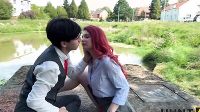 HUNT4K. Little redhead whore with natural tits showed her sex skills in public in front of her BF