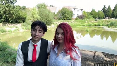 HUNT4K. Little redhead whore with natural tits showed her sex skills in public in front of her BF