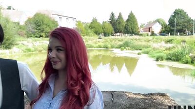 HUNT4K. Little redhead whore with natural tits showed her sex skills in public in front of her BF