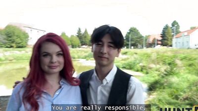 HUNT4K. Little redhead whore with natural tits showed her sex skills in public in front of her BF