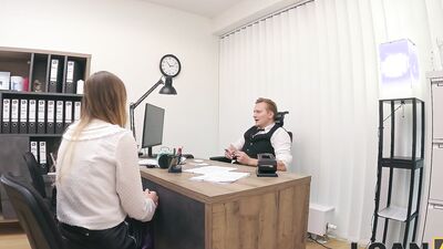 LOAN4K. Blonde Maya with big tits is fucking a bank worker on the office chair while his colleague is watching