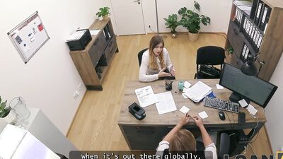 LOAN4K. Blonde Maya with big tits is fucking a bank worker on the office chair while his colleague is watching