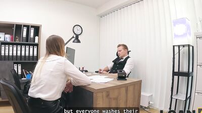 LOAN4K. Blonde Maya with big tits is fucking a bank worker on the office chair while his colleague is watching
