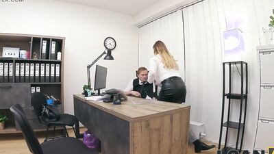 LOAN4K. Blonde Maya with big tits is fucking a bank worker on the office chair while his colleague is watching