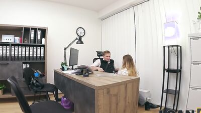 LOAN4K. Blonde Maya with big tits is fucking a bank worker on the office chair while his colleague is watching