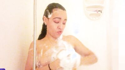 POV Latina babe in bathroom teaches you JOI of giving wet blowjobs in close up with lots of wetness