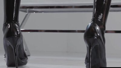 Kinky girl jerks her strapless cock until it spews creamy jizz