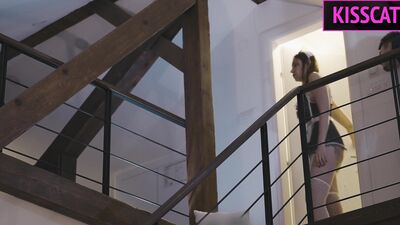 Busty Maid's First Day: Naked Man, Cock Washing with Blowjob, Night Surprise Sex with Creampie