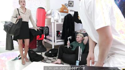 TUTOR4K. Slutty tutor with natural tits is enjoying 2 hard cocks during the lesson