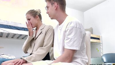 TUTOR4K. Slutty tutor with natural tits is enjoying 2 hard cocks during the lesson