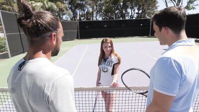Redhead Slut Lets Tennis Studs Team Up And Spray Her Face - Mazy Myers