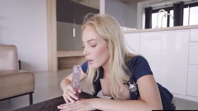 Sexy blonde in cop costume masturbates with big rubber cock