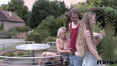 Filthy blonde milf meeting her young lovers in the garden for threesome fuck