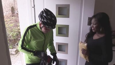 Beautiful ebony sucks and fucks an old biker's dick