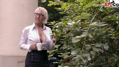 Attractive blonde milf with big tits seduces window cleaner for sex