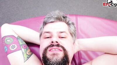 Blonde German milf has a fuck casting on round pink couch