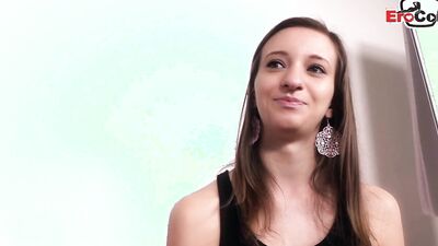 Shy young brunette has an ass fucking casting on the red couch