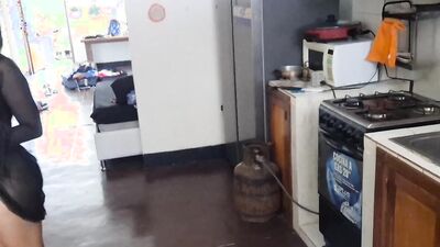 Incredible - Beautiful stepmother masturbates in the kitchen with a broomstick