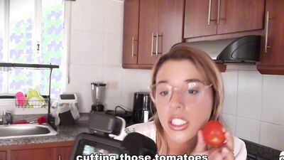 The maid fucks the vegetables. She cums in the kitchen.