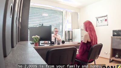 LOAN4K. Sexy redhead is ready to show her big tits and give her pussy for a loan