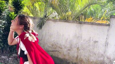 Little Red Riding Hood lost a fruit from her basket and is looking for it in the wolf's pants.
