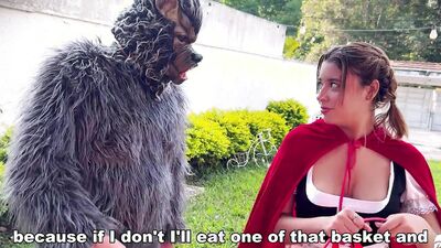 Little Red Riding Hood lost a fruit from her basket and is looking for it in the wolf's pants.