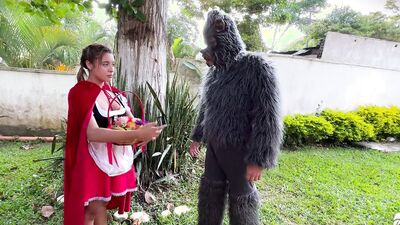 Little Red Riding Hood lost a fruit from her basket and is looking for it in the wolf's pants.