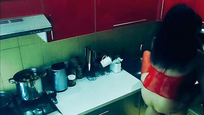 Beautiful slender wife in erotic bodysuit fucked in the kitchen in all positions