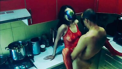 Beautiful slender wife in erotic bodysuit fucked in the kitchen in all positions