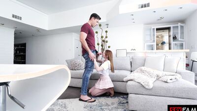 Stepdaughter Swallows Stepdad's Cock After He Scares Away Her Boyfriend