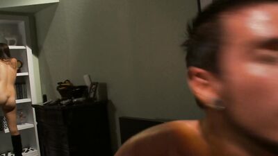 Horny guy and cute brunette fuck hard all over their bedroom