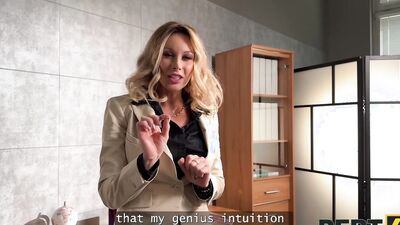 DEBT4k. Curvy blonde Karina King is solving her debt by sucking a collector's cock