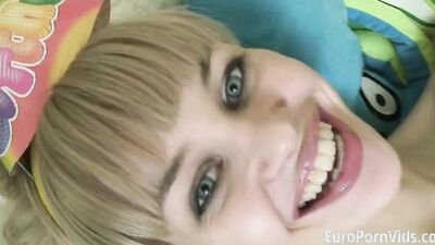 A petite, cheerful eighteen chick doing a footjob and a blowjob