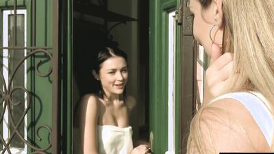 Watch sexy neighbors get acquainted with intense lesbian sex
