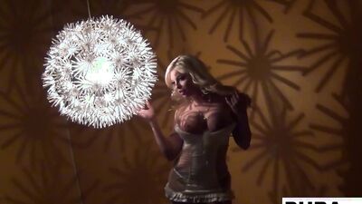 Sexy blonde in a retro tease and solo