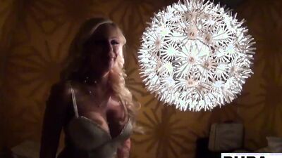 Sexy blonde in a retro tease and solo