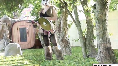 Sexy Viking Nadia plays wtih her pussy in the forest