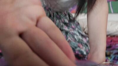 Nari Park slips her fingers between her long labia and thick pubic hair