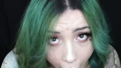 Chubby Tattooed Babe Gives Sloppy Blowjob to Big Dildo While Talking Dirty to you