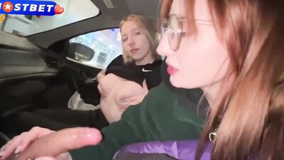 Double Blowjob in the Car before Real Sex in a Public Cinema