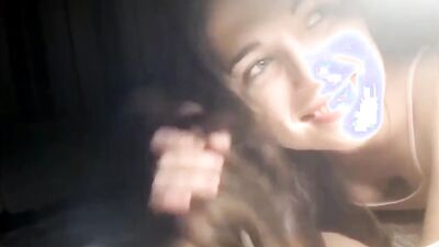 Amateur brunette with long hair gives a sexy blowjob and a hot BJ