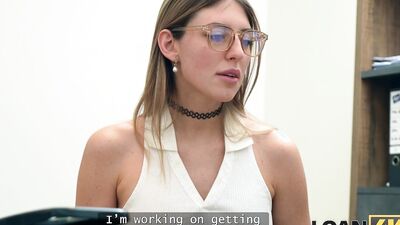 Naughty interview with a hot blonde loan officer with big tits and busty body