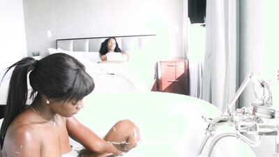 Two hairy ebony babes love fingering and ass-eating in the bathroom