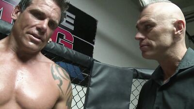 Watch these horny bodybuilders get it on in the ring with a hot, small-titted brunette