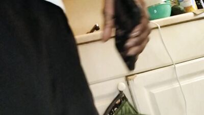 Petite Latina Teenager gets her tight pussy pounded in the kitchen while her man watches in the bedroom
