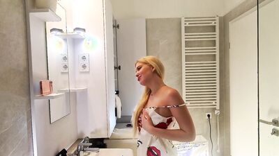 Horny college blonde in satin nightie masturbates to prepare for the night