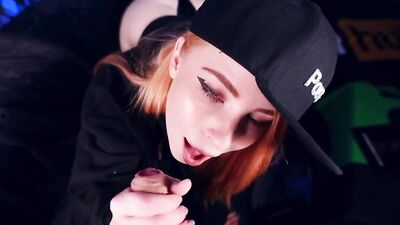 Watch this teen redhead give a sloppy BJ & get a messy creampie in POV!