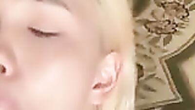Blonde Asian babe has multiple orgasms while masturbating with dildo and handjob