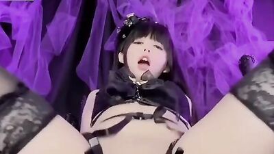 Halloween Kittyxkum gets herself off in tiny Japanese Gothic Girl's world