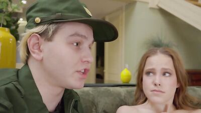 Petite Russian teen with small tits gets her tight ass drilled while being cuckolded by guard of honor